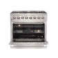 Front view of the FORNO 36-inch gas range with oven door open, highlighting the stainless steel interior and multiple oven racks—part of the 3-piece appliance package.