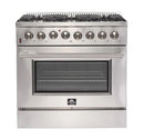 Front view of the FORNO 36-inch gas range, featuring stainless steel finish, control knobs, and oven window—part of the 3-piece appliance package.