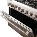 FORNO 3-Piece Appliance Package 36-inch gas range in stainless steel, featuring six burners, heavy-duty knobs, and a spacious oven with French doors.