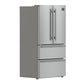 Angled front view of the FORNO 36-inch French door refrigerator showing its modern stainless steel exterior, French doors, and dual bottom freezer drawers.