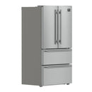 Angled front view of the FORNO 36-inch French door refrigerator showing its modern stainless steel exterior, French doors, and dual bottom freezer drawers.