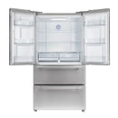 Front view of the FORNO 36-inch French door refrigerator with both doors open, revealing a spacious interior with adjustable glass shelves, crisper drawers, and door storage compartments—part of the FORNO 3-piece stainless steel appliance package.