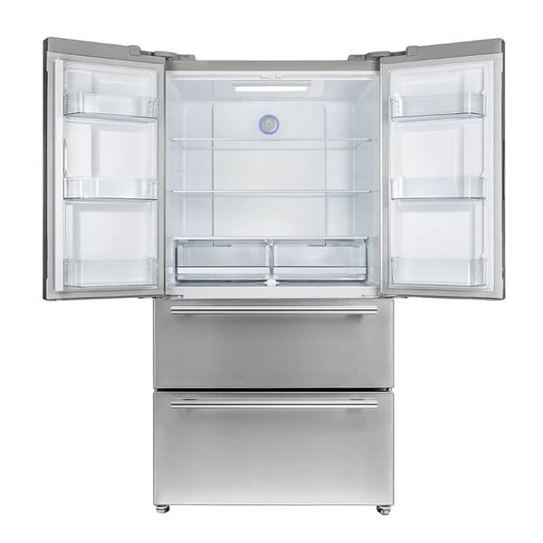 Front view of the FORNO 36-inch French door refrigerator with both doors open, revealing a spacious interior with adjustable glass shelves, crisper drawers, and door storage compartments—part of the FORNO 3-piece stainless steel appliance package.