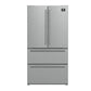 Front view of the FORNO 36-inch French door refrigerator featuring double doors, two bottom freezer drawers, and a sleek stainless steel finish.