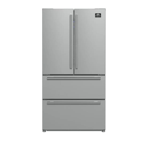 Front view of the FORNO 36-inch French door refrigerator featuring double doors, two bottom freezer drawers, and a sleek stainless steel finish.
