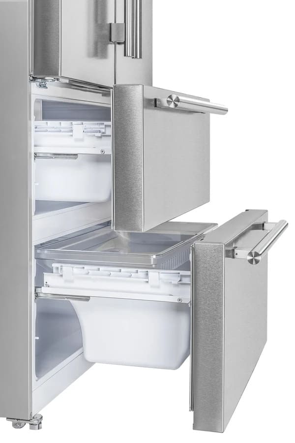 Side view of the lower drawer compartment in the FORNO 36-inch French door refrigerator, showing spacious interior storage—part of the FORNO 3-piece stainless steel appliance package.