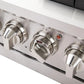 Detailed close-up of the control knobs on the FORNO 48-inch Capriasca gas range from the 3-Piece Appliance Package, highlighting the metallic finish, knurled grip, and engraved burner and oven indicators for precise, professional-style operation.