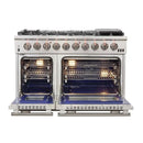 Front view of the FORNO 48-inch Capriasca gas range from the 3-Piece Appliance Package with both oven doors open, revealing spacious stainless steel interiors, multiple rack positions, and convection fan systems—engineered for high-capacity, professional-style cooking.