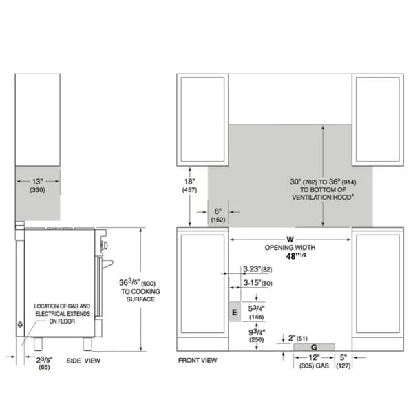 Dimension diagram of the FORNO 3-Piece Appliance Package, showing detailed measurements for the 48-inch gas range, 60-inch pro-style refrigerator, and wall mount range hood, designed to assist with accurate planning and kitchen installation.