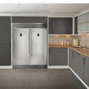 Lifestyle kitchen view featuring the FORNO pro-style refrigerator and freezer from the 3-Piece Appliance Package, shown side by side in a built-in configuration with sleek stainless steel doors, vertical handles, and spacious interiors—designed for premium food storage in a modern home.