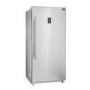 Front view of the FORNO pro-style refrigerator and freezer from the 3-Piece Appliance Package, both configured with right-side hinges, featuring stainless steel doors, vertical bar handles, and a clean, professional-grade design suited for modern kitchens.
