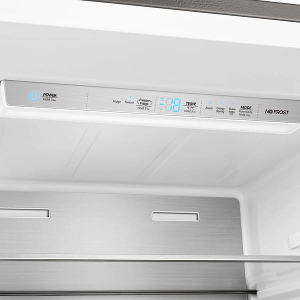 Close-up view of the digital control panel inside the FORNO pro-style refrigerator from the 3-Piece Appliance Package, featuring a sleek LED display with touch controls for temperature adjustment, mode selection, and interior lighting management.