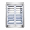 Front view of the FORNO pro-style refrigerator from the 3-Piece Appliance Package with both doors open, revealing a spacious interior layout with adjustable shelves, clear drawers, and door bins—designed for organized, high-capacity food storage in a modern kitchen.