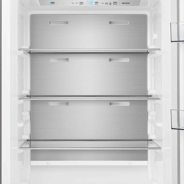 Close-up view of an interior glass shelf inside the FORNO pro-style refrigerator from the 3-Piece Appliance Package, showcasing adjustable height options, stainless steel trim, and a spacious design ideal for organized food storage.