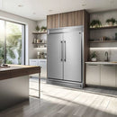 Lifestyle kitchen view highlighting the FORNO pro-style refrigerator from the 3-Piece Appliance Package, built into modern cabinetry with a sleek stainless steel finish and vertical handles, adding a bold commercial look to a contemporary kitchen setting.