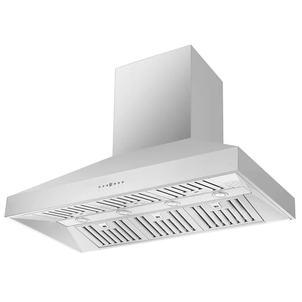 Front right angled view of the FORNO wall mount range hood from the 3-Piece Appliance Package, highlighting its modern stainless steel finish, angular canopy design, and integrated LED lighting—designed for powerful ventilation and a sleek, professional kitchen look.
