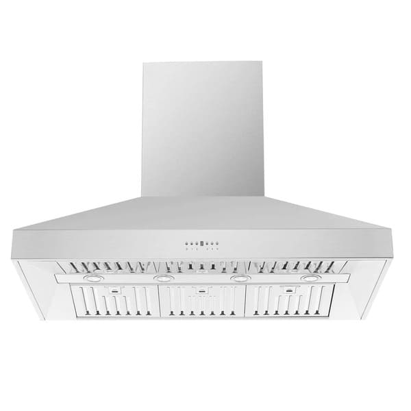 Front view of the FORNO wall mount range hood from the 3-Piece Appliance Package, featuring a sleek stainless steel finish, clean angular design, and built-in LED lighting and control panel—crafted for powerful ventilation and a modern, pro-style kitchen aesthetic.