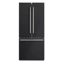 Front view of the FORNO 30-Inch French Door Refrigerator in Black, featuring twin French doors, a bottom freezer drawer, and a smooth matte black finish for a modern look.