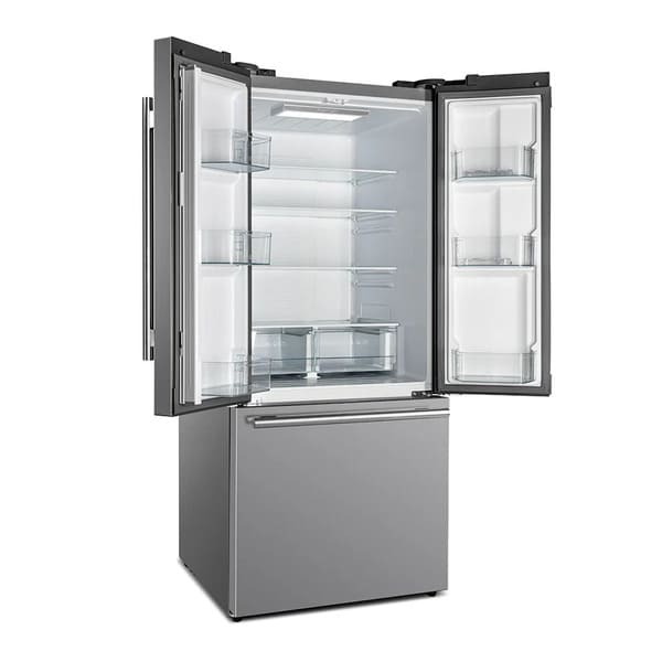 Angled front view of the FORNO 30-inch French door refrigerator in stainless steel with both doors open, showcasing the interior compartments, adjustable shelves, and crisper drawers.