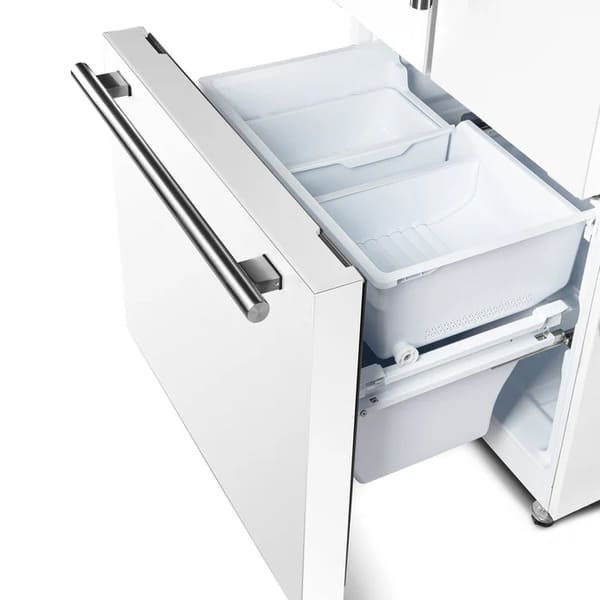 Front view of the FORNO 30-Inch French Door Refrigerator in White with the bottom freezer drawer open, revealing spacious compartments for organized frozen food storage.