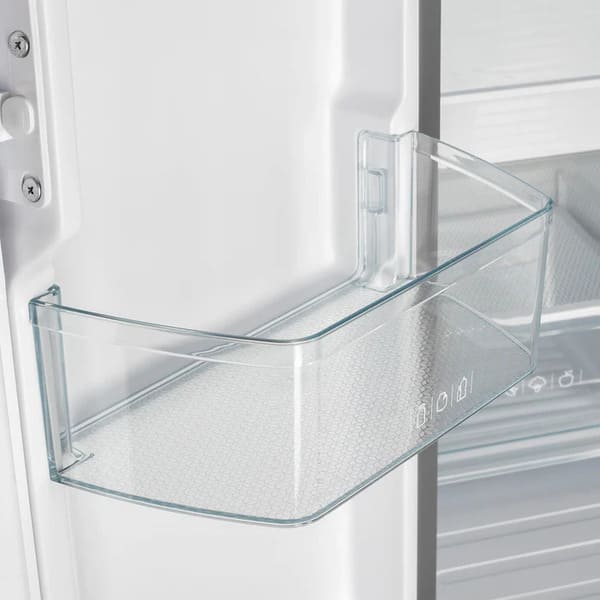 Close-up of a door bin inside the FORNO 30-Inch French Door Refrigerator in White, designed with transparent material for convenient storage and easy access to beverages and condiments.