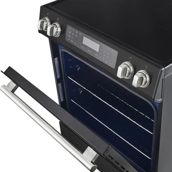 Close-up view of the oven door on the FORNO 30-Inch Induction Range in Black, featuring a wide glass window and a durable stainless steel handle against a sleek black finish.