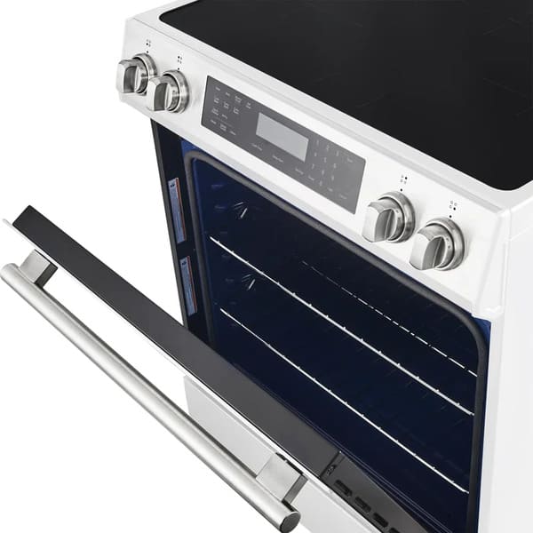 Close-up view of the oven door on the FORNO 30-Inch Induction Range in White, highlighting the large glass window, stainless steel handle, and modern, clean design.