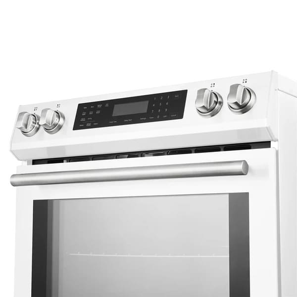 Close-up of the control knobs on the FORNO 30-Inch Induction Range in White, featuring stainless steel finishes and clearly marked settings for precise cooking control.
