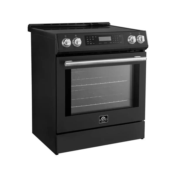 Angled front view of the FORNO 30-Inch Induction Range in Black, highlighting its elegant black finish, sleek cooktop surface, and professional-grade control knobs.