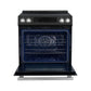 Front view of the FORNO 30-Inch Induction Range in Black with the oven door open, revealing the spacious oven interior with multiple rack positions and a convection fan for even heat distribution.