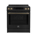 Front view of the FORNO 30-Inch Induction Range in Black, showcasing a smooth glass cooktop, stainless steel control knobs, and a large oven window for clear visibility.