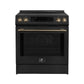 Front view of the FORNO 30-Inch Induction Range in Black, showcasing a smooth glass cooktop, stainless steel control knobs, and a large oven window for clear visibility.