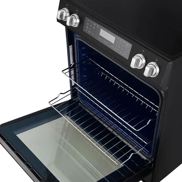 Interior view of the FORNO 30-Inch Induction Range in Black, showing multiple adjustable oven racks and a spacious cavity designed for versatile cooking and baking.