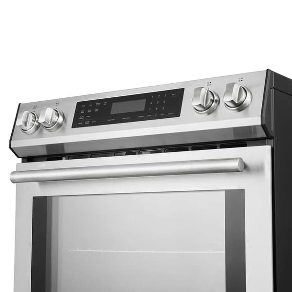 Close-up view of the control knobs on the FORNO 30-inch induction range in stainless steel, showcasing the smooth finish and detailed labeling.