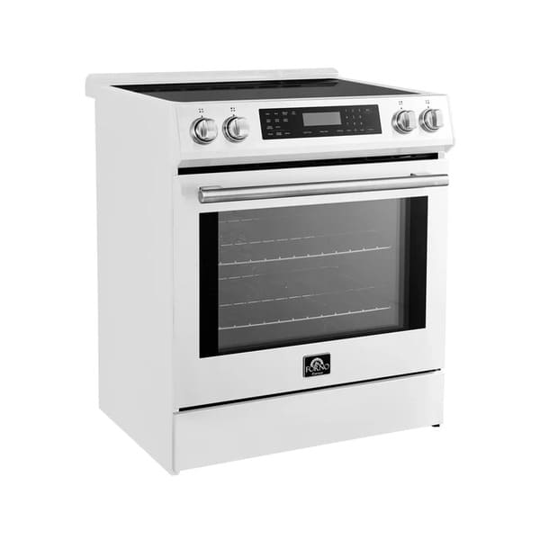 Angled front view of the FORNO 30-Inch Induction Range in white, showcasing the cooktop, control knobs, and oven door design.