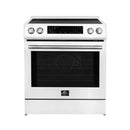 Front view of the FORNO 30-Inch Induction Range in white, featuring a sleek cooktop and minimalist control panel.