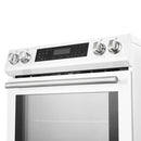 Close-up view of the control knobs on the FORNO 30-Inch Induction Range in white, highlighting the stainless steel finish and precise temperature control settings.