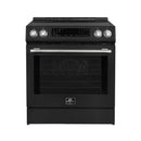 Front view of the FORNO 30-Inch Induction Range in Black, featuring a sleek cooktop with control knobs and a large oven door for modern kitchen functionality.