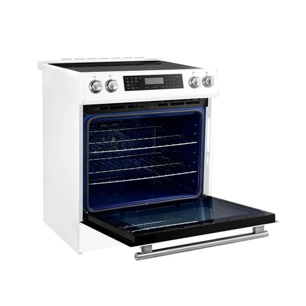 Angled front view of the FORNO 30-Inch Induction Range in White with the oven door open, showcasing the roomy oven cavity, adjustable racks, and modern white exterior.