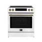 Front view of the FORNO 30-Inch Induction Range in White, featuring a smooth glass cooktop, professional-style control knobs, and a large oven door with a viewing window.
