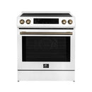 Front view of the FORNO 30-Inch Induction Range in White, featuring a smooth glass cooktop, professional-style control knobs, and a large oven door with a viewing window.
