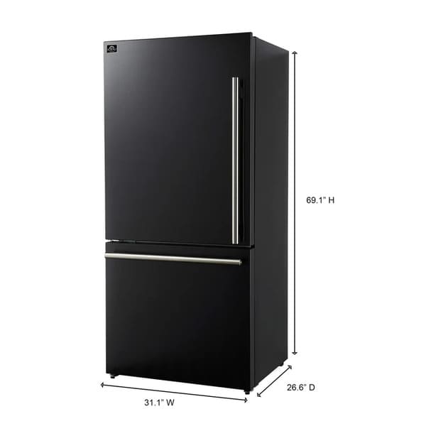 Dimension diagram of the FORNO 31-Inch Bottom Freezer Door Refrigerator in Black, showing detailed measurements for width, depth, and height.
