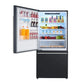 Front view of the FORNO 31-Inch Bottom Freezer Door Refrigerator in Black with both the refrigerator and freezer doors open, showcasing spacious interior compartments, adjustable shelves, and organized freezer storage.