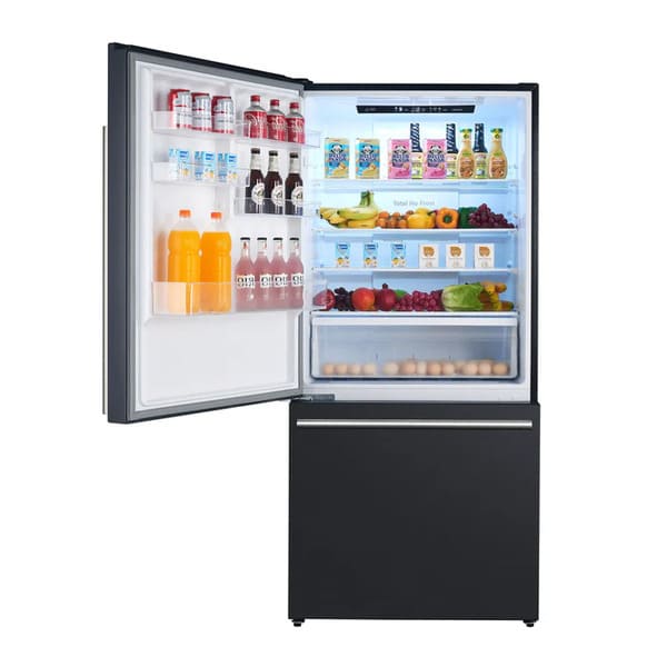 Front view of the FORNO 31-Inch Bottom Freezer Door Refrigerator in Black with both the refrigerator and freezer doors open, showcasing spacious interior compartments, adjustable shelves, and organized freezer storage.