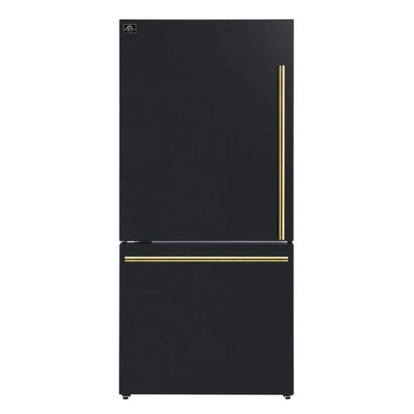 Front view of the FORNO 31-Inch Bottom Freezer Door Refrigerator in Black, featuring a smooth black finish, minimalist design, and vertical handle on the right side.