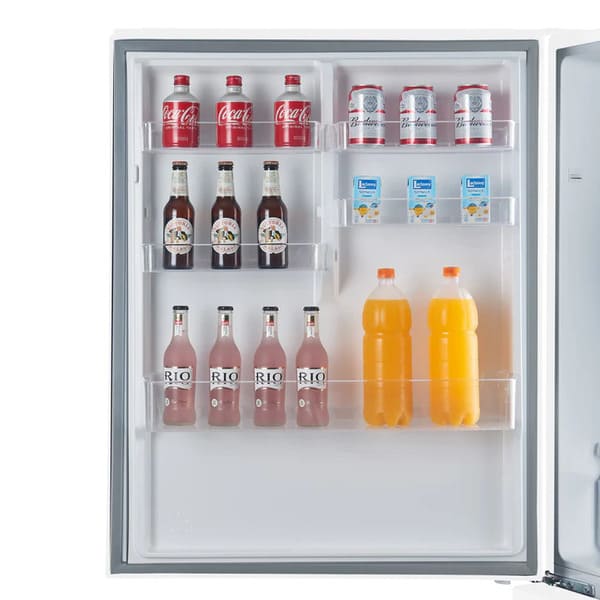 Interior view of the door of the FORNO 31-inch left-hinge refrigerator in white, featuring multiple transparent bins and storage compartments for bottles and small items.