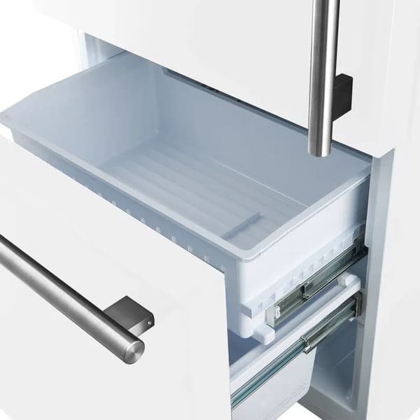 Close-up of the freezer drawer in the FORNO 31-inch left-hinge refrigerator in white, showing the deep storage compartment and integrated handle design.