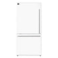 Front view of the FORNO 31-inch left-hinge refrigerator in white, featuring a clean, minimalist design with smooth doors and integrated handles.