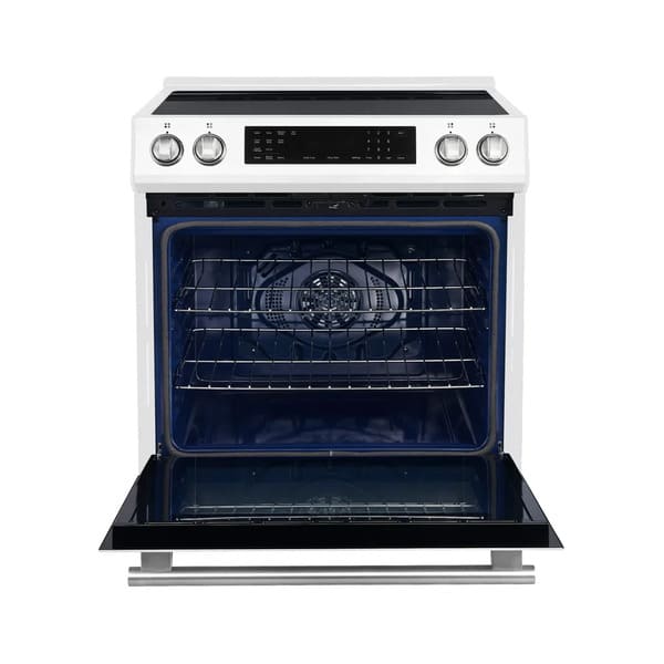 Front view of the FORNO 31-inch right-hinge refrigerator in white with the door open, revealing organized interior shelving and clear storage drawers.