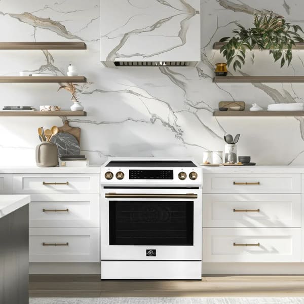 FORNO 31-Inch Refrigerator with Right Hinge in White – Shown in a modern kitchen setting, blending seamlessly with white cabinetry and stainless steel appliances.